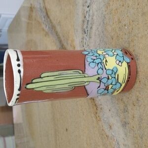 Vintage Szia signed Mexican tlaquepaque  ceramic tumbler vase Southwest 6" tall